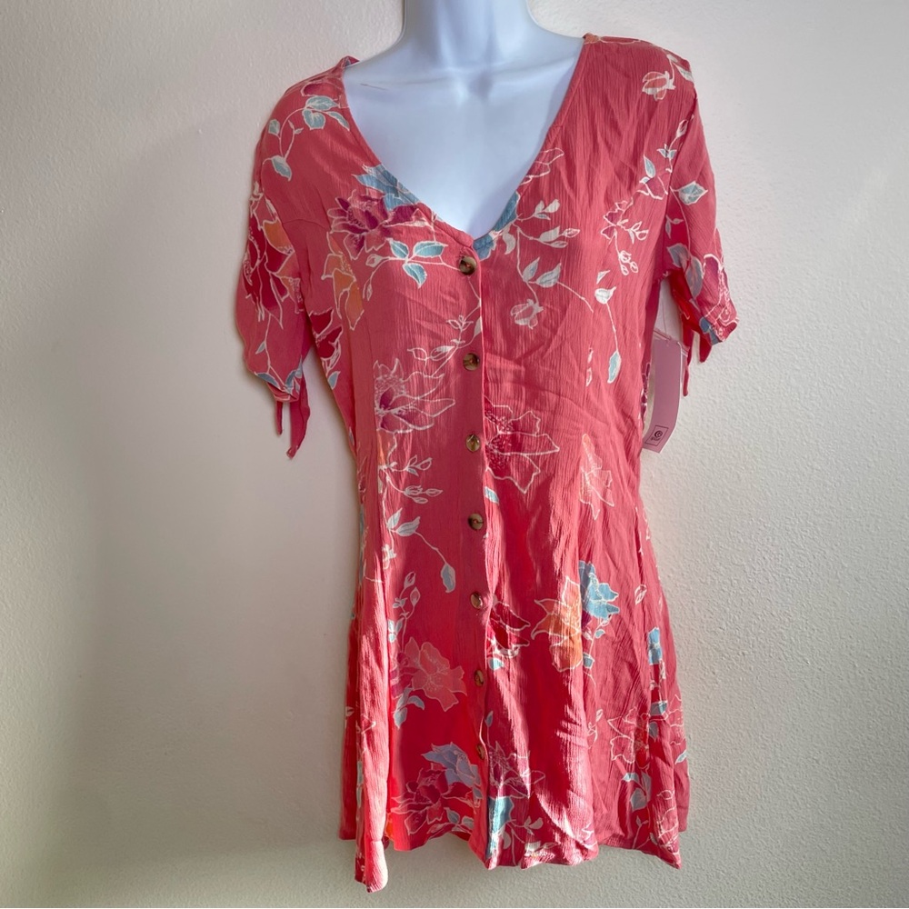 Rip Curl Coral Pink Floral Button-Front Mini Dress